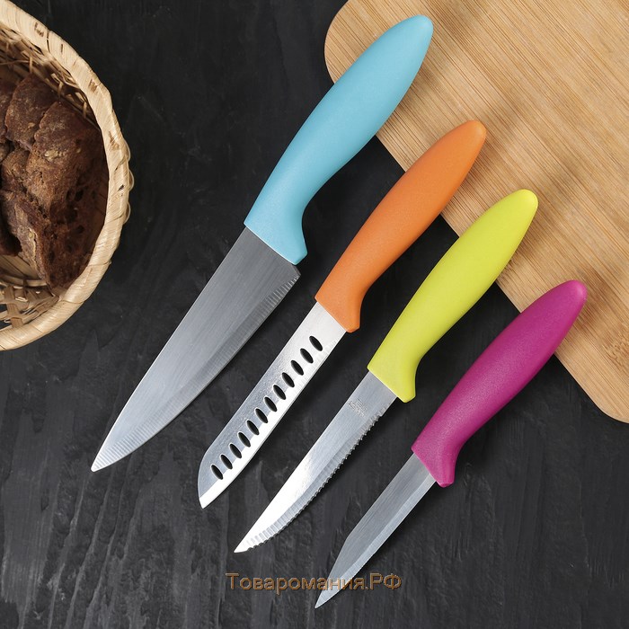 Набор кухонных ножей на подставке, лезвие: 15 см, 11,5 см, 11 см, 8 см, на подставке, цвет МИКС