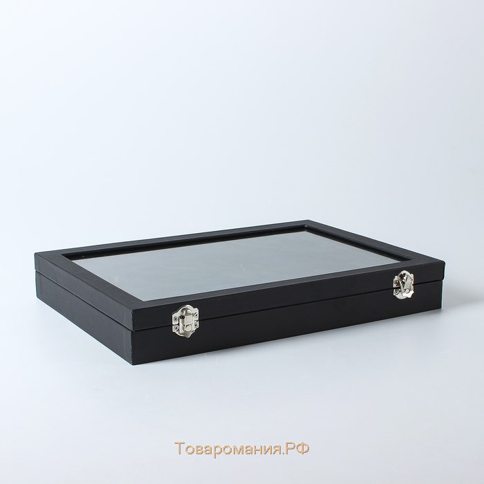 Подставка для украшений «Шкатулка» 10 крючков и 7 полос , 35×24×5, стеклянная крышка, цвет чёрный
