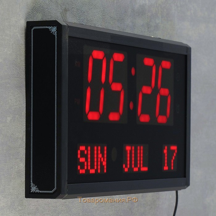 Часы электронные настенные "Соломон", с будильником, 38 х 19 х 5 см, красные цифры