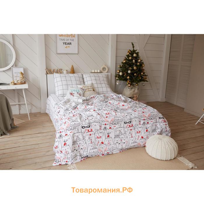 Постельное белье новогоднее  Евро Xmas cat 200*217 см, 240*220 см, 70*70 см - 2 штуки