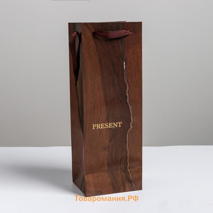 Пакет подарочный ламинированный под бутылку, упаковка, «Wood present», 13 x 36 x 10 см