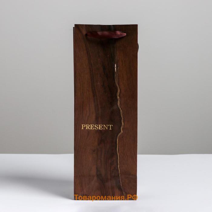 Пакет подарочный ламинированный под бутылку, упаковка, «Wood present», 13 x 36 x 10 см