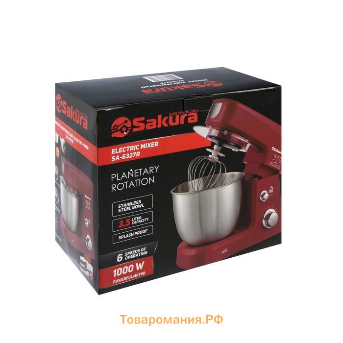 Миксер Sakura SA-6327R, планетарный, 1000 Вт, 3.5 л, 6 скоростей, 3 насадки, красный