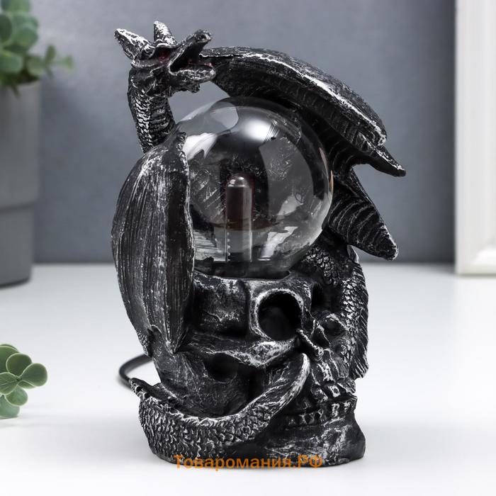 Плазменный шар "Дракон и череп" черный с серебряной патиной 15х15х17,5 см