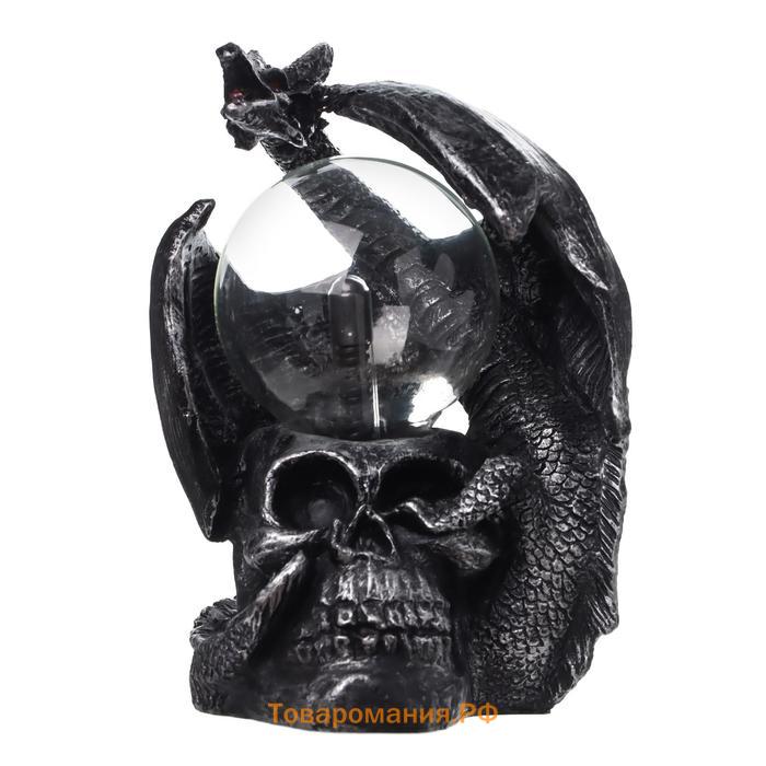 Плазменный шар "Дракон и череп" черный с серебряной патиной 15х15х17,5 см