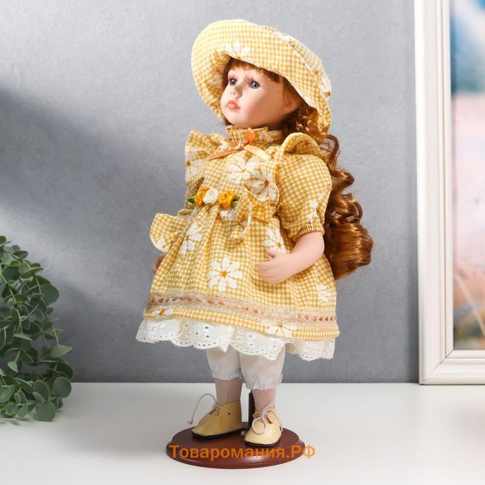 Кукла коллекционная керамика "Маша в жёлтом платье в клетку с ромашками, в шляпке" 30 см
