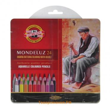 Карандаши акварельные набор 24 цвета, Koh-I-Noor Mondeluz 3724, в металлическом пенале, блистер