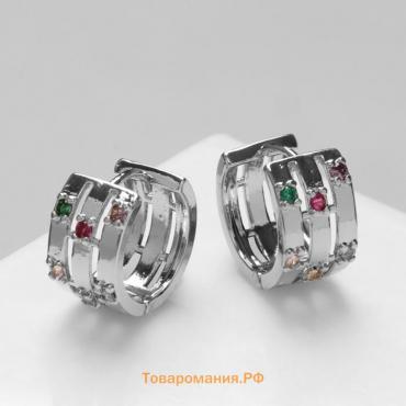 Серьги-кольца «Искра» 3 полосы, яркие вставки, цветные в серебре